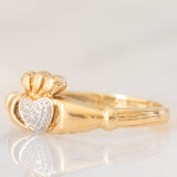 Anello Claddagh vintage in oro giallo e bianco 9K con diamante