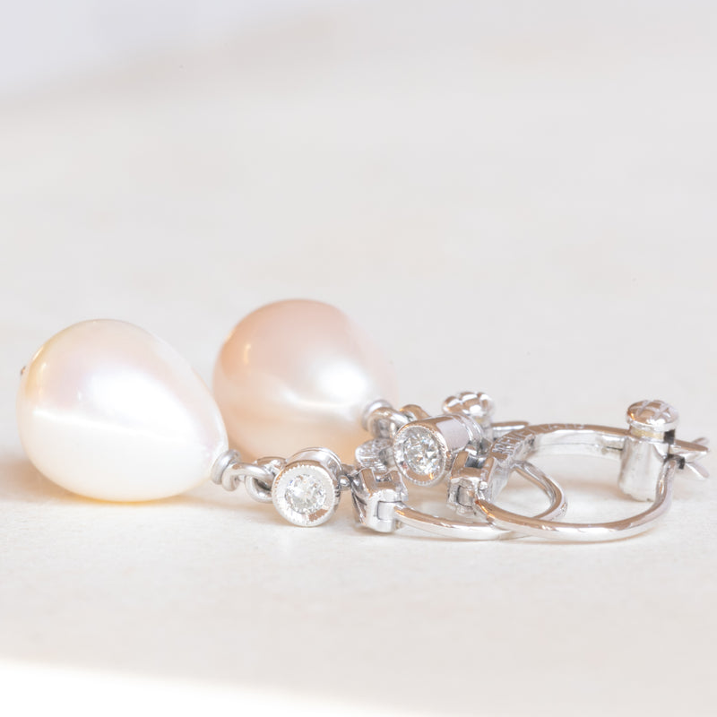 Boucles D'oreilles En Or Blanc Avec Diamants Et Perles - Style Années 40 Espagne - Occasion