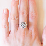 Anello a fiocco di neve vintage in oro bianco 14K con acquamarina (0.50ct ca.) e diamanti (0.70ctw ca.), anni ‘70