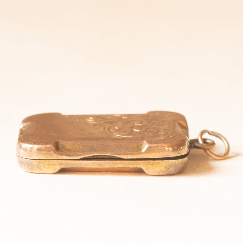 Ciondolo portafoto antico con lamina in oro giallo 9K su metallo, primi del ‘900