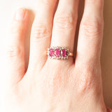 Vintage ring in 9K yellow and white gold with synthetic rubies (approx. 1.10ctw) and diamonds (approx. 0.22ctw), 80s/90s