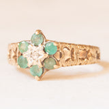 Vintage-Blumenring aus 9-karätigem Gelb- und Weißgold mit Smaragden (ca. 0.09 ctw) und Diamant (ca. 0.01 ct), 90er Jahre