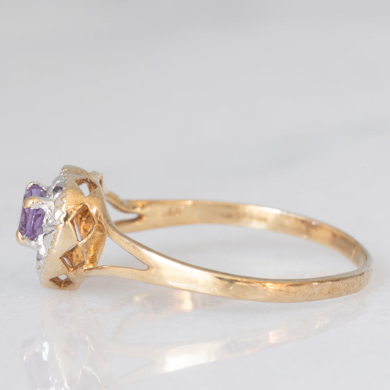 Anello vintage in oro giallo e bianco 9K con ametista di taglio a cuore (0.22ct ca.) e diamante, anni ‘90