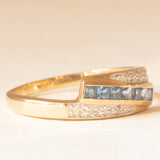 Anello vintage in oro giallo e bianco 9K con zaffiri (0.14ctw ca.) e diamanti, anni ‘70/‘80