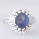 Anello ballerina vintage in platino con zaffiro stellato (4.59ct) e diamanti (0.85ctw), anni '90