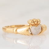 Anello Claddagh vintage in oro giallo e bianco 9K con diamante