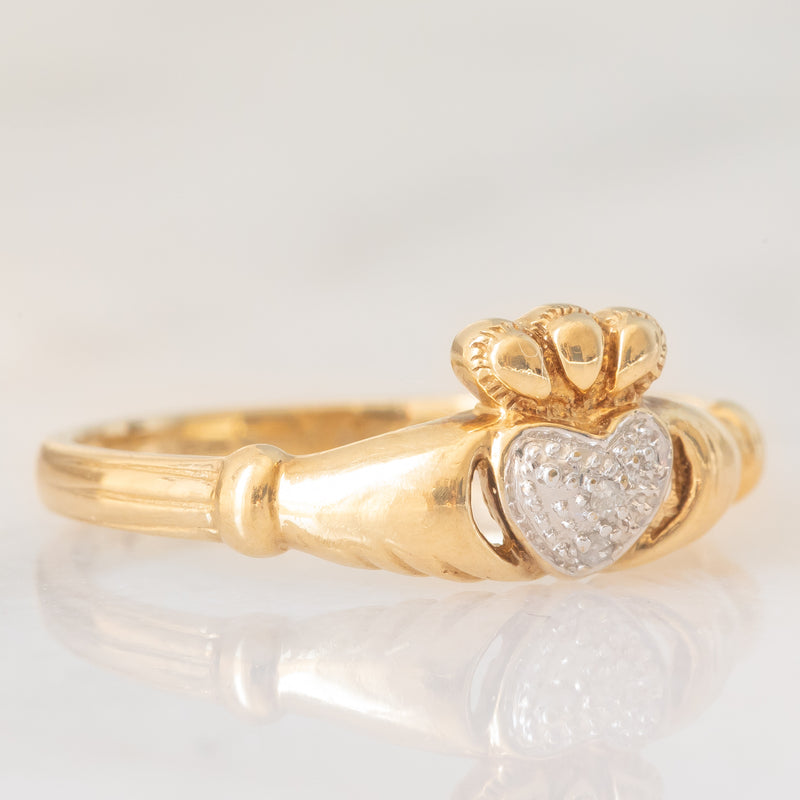 Anello Claddagh vintage in oro giallo e bianco 9K con diamante