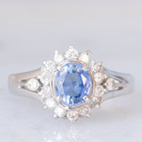 Anello margherita vintage in platino con zaffiro (0.75ct) e diamanti (0.31ctw), anni ‘80
