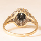Anello a margherita vintage in oro giallo e bianco 9K con zaffiro (1ct ca.) e diamanti (0.10ctw ca.), anno 1991