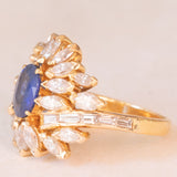 Vintage 18K yellow gold ring with sapphire (1.20ct approx.) and marquise and baguette cut diamonds (2.70ctw approx.), 70s