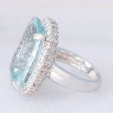 Anello a margherita vintage in platino con acquamarina (17.93ct) e diamanti (1ctw), anni ‘70/‘80