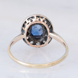 Anello a margherita antico in oro giallo 18K e argento con zaffiro e diamanti di taglio rosetta, anni ‘10/‘20