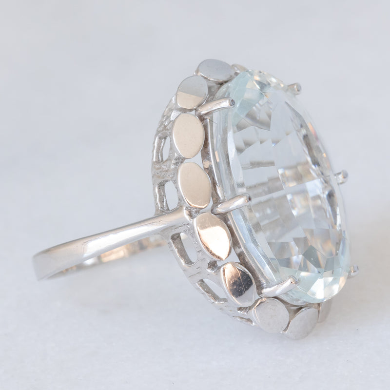 Anello da cocktail vintage in oro bianco 14K con acquamarina (10ct ca.), anni ‘80
