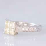 Anello vintage in oro bianco 18K con diamanti fancy gialli (1.23ctw) e diamanti bianchi (0.22ctw), anni ‘80/‘90