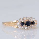 Anello vintage in oro giallo 9K con zaffiri (0.20ctw ca.) e diamanti (0.18ctw ca.), anni ‘70/‘80