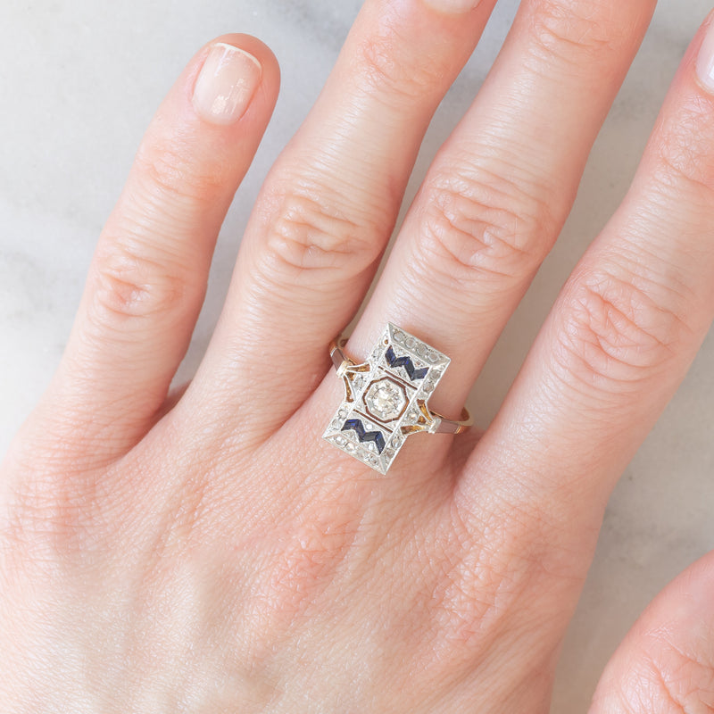 *RISERVATO* Anello Art Déco in oro giallo e bianco 18K con diamanti e zaffiri, anni ‘30