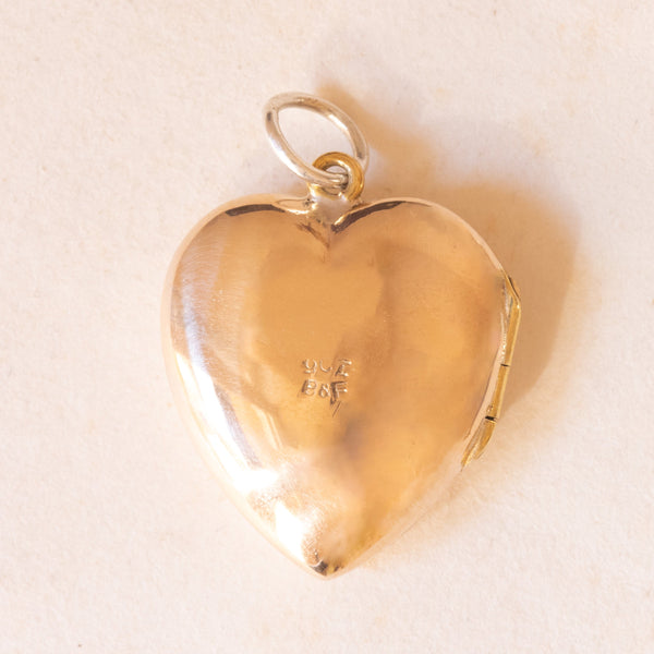 Ciondolo portafoto a forma di cuore vintage con lamina in oro giallo 9K su metallo, anni '50/'60