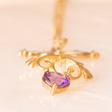 Vintage-Halskette mit Kette aus 9-karätigem Gelbgold und Anhänger aus 9-karätigem Gelbgold mit herzförmigem Amethyst und Diamanten