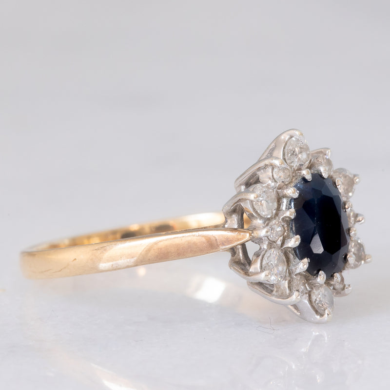 Anello a margherita vintage in oro giallo 9K con zaffiro (1ct ca.) e diamanti di taglio brillante (0.33ctw ca.), anno 1987