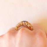 Vintage 18K yellow gold ring with sapphire (1.20ct approx.) and marquise and baguette cut diamonds (2.70ctw approx.), 70s