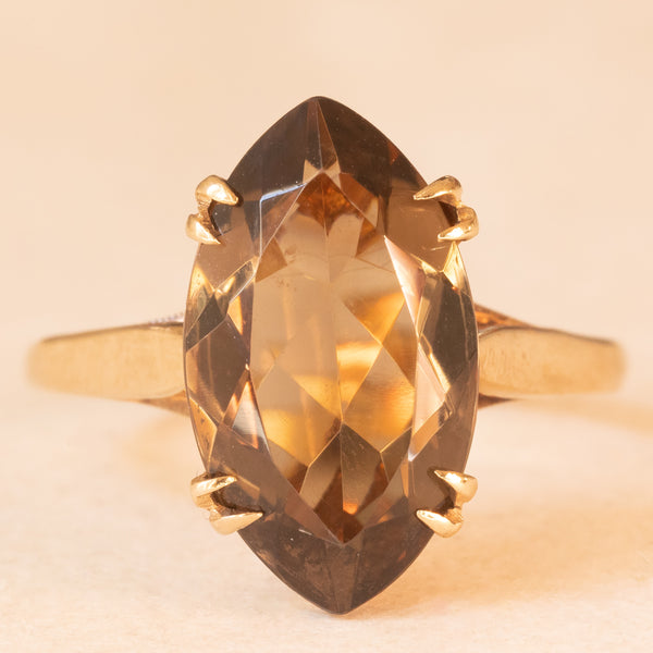 Anello da cocktail vintage in oro giallo 9K con quarzo fumé di taglio marquise (3.10ct ca.), anno 1992