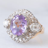 Anello a margherita vintage in stile antico in oro giallo 18K e argento con ametista (3ct ca.) e diamanti di taglio rosetta (0.70ctw ca.), anni ‘40/‘50