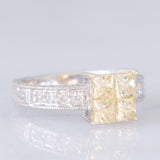 Anello vintage in oro bianco 18K con diamanti fancy gialli (1.23ctw) e diamanti bianchi (0.22ctw), anni ‘80/‘90