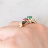 Anello vintage in oro giallo 14K con rubini, smeraldi, zaffiri e diamanti, anni ‘60/‘70