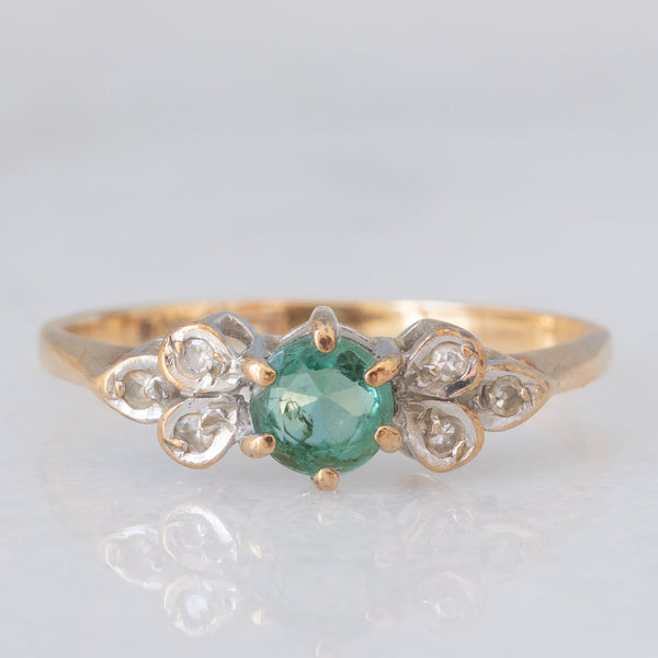 Anello vintage in oro giallo 9K con smeraldo (0.22ct ca.) e diamanti (0.03ctw ca.), anno 1988