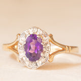 Anello a margherita vintage in oro giallo 9K con ametista (0.40ct ca.) e diamanti, anni ‘80