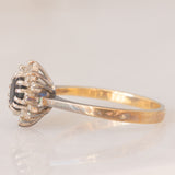 Anello a margherita vintage in oro giallo 9K con zaffiro (0.40ct ca.) e diamanti (0.12ctw ca.), anno 1986