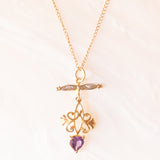 Vintage-Halskette mit Kette aus 9-karätigem Gelbgold und Anhänger aus 9-karätigem Gelbgold mit herzförmigem Amethyst und Diamanten