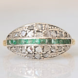 Vintage antique style ring in 14K yellow gold and silver with square cut emeralds (0.12ct approx.) and rose cut diamonds (0.26ctw approx.), 50s/60s