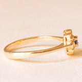 Anello a fiore vintage in oro giallo 14K con zaffiro (0.08ct ca.) e diamanti di taglio brillante (0.20ctw ca.), anni ‘80