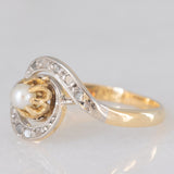 Anello tourbillion antico francese in oro giallo 18K con perla bianca e diamanti di taglio rosetta, anni ‘30