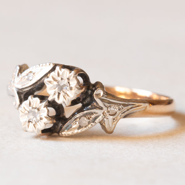 Anello Toi et Moi Art Nouveau in oro giallo 18K e argento con diamanti di taglio rosetta, anni ‘10/‘20
