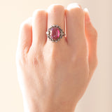 Vintage 14K Yellow Gold and Silver Antique Style Daisy Ring with Synthetic Ruby (approx. 4.60ct) and Rosette Cut Diamonds, 50s/60s