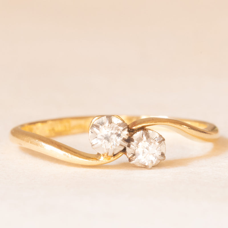 Toi et Moi vintage in oro giallo e bianco 18K con diamanti di taglio vecchia Europa (0.06ctw ca.), anni ‘60