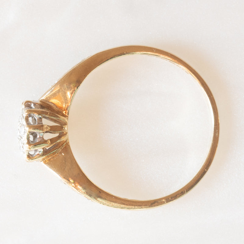Anello vintage a fiore in oro giallo 9K con diamanti (0.16ctw ca.), anni ‘70/‘80