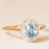 Vintage-Gänseblümchen-Ring aus 9-karätigem Gelb- und Weißgold mit blauem Topas (ca. 0.40 ct) und Diamanten (ca. 0.03 ctw), Jahr 1989