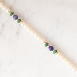 Braccialetto vintage con perle bianche, lapislazzuli, malachite e con dischi e chiusura in oro giallo 14K, anni ‘70