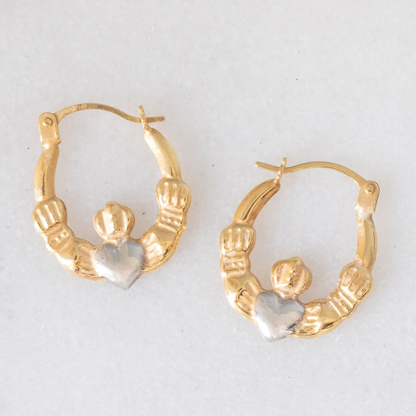 Orecchini Claddagh vintage in oro giallo e bianco 9K