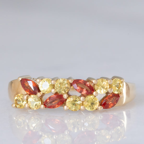 Anello vintage in oro giallo 9K con zaffiri sintetici arancioni e gialli (0.80ctw ca.), anni ‘90