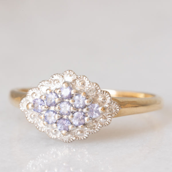 Anello vintage in oro giallo e bianco 9K con tanzaniti (0.25ctw ca.) e diamanti, anni ‘90