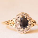 Anello a margherita vintage in oro giallo e bianco 9K con zaffiro (1ct ca.) e diamanti (0.05ctw ca.), anno 1989