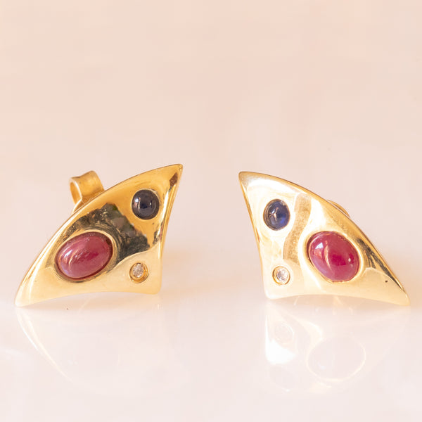Orecchini astratti vintage in oro giallo 14K con rubini, zaffiri e diamanti, anni ‘70/‘80