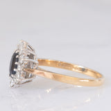 Anello a margherita vintage in oro giallo 9K con zaffiro (1ct ca.) e diamanti di taglio brillante (0.33ctw ca.), anno 1987
