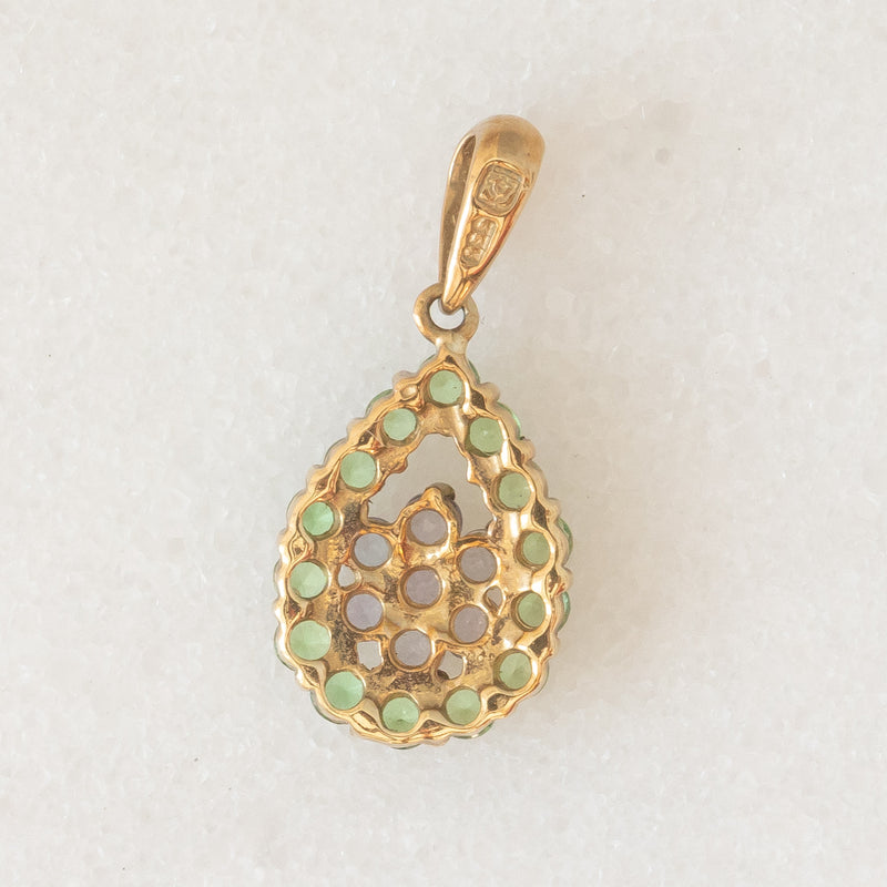 Coppia di ciondoli vintage in oro giallo 9K con tanzaniti e diamante e in oro giallo 8K con tanzaniti e peridoti