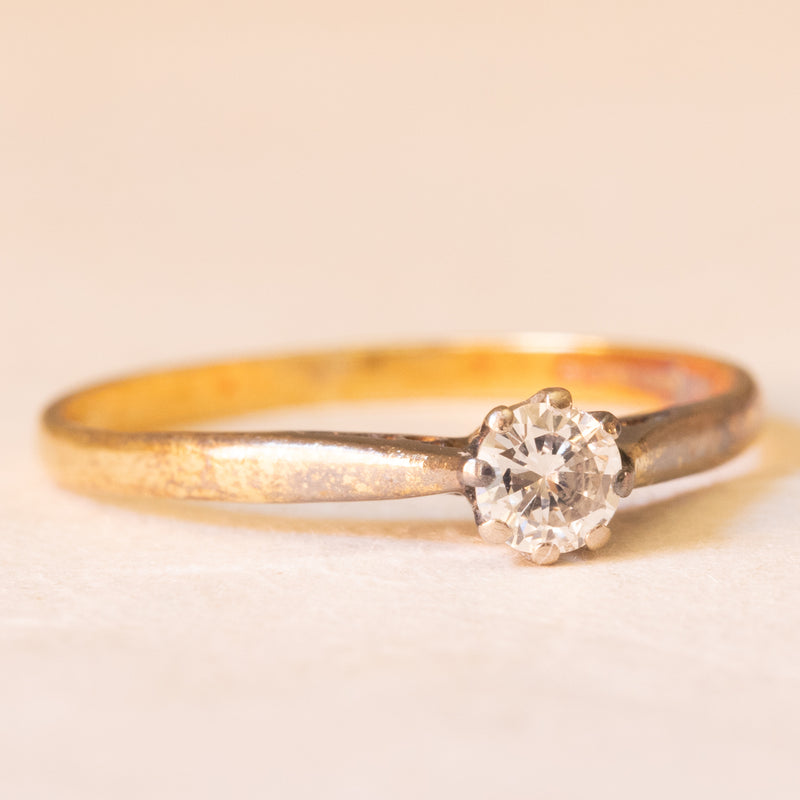 Solitario vintage in oro giallo 18K con diamante di taglio brillante (0.20ct ca.), anno 1982