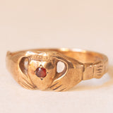 Anello Claddagh antico in oro giallo 9K con granato, anno 1934